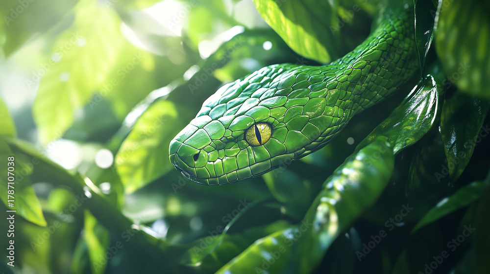 Naklejka premium A close-up of a vibrant emerald green snake slithering through the lush underbrush of a tropical rainforest, with sunlight filtering through the leaves, highlighting its sleek scales
