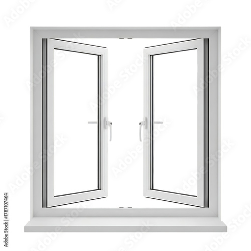 Modern white double casement window with handles open outwards against a stark black background showcasing architectural design and light