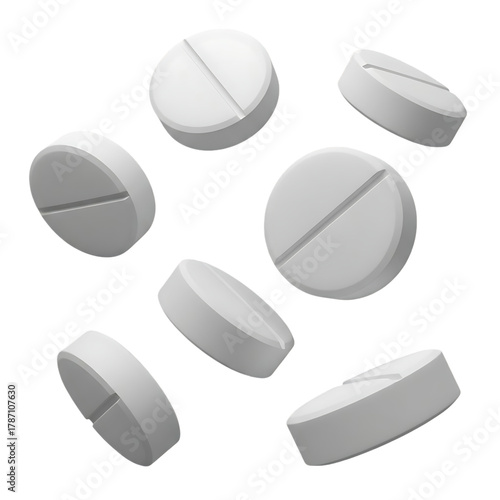 Scattered white round and oblong pills with a dividing line float against a stark black background studio shot