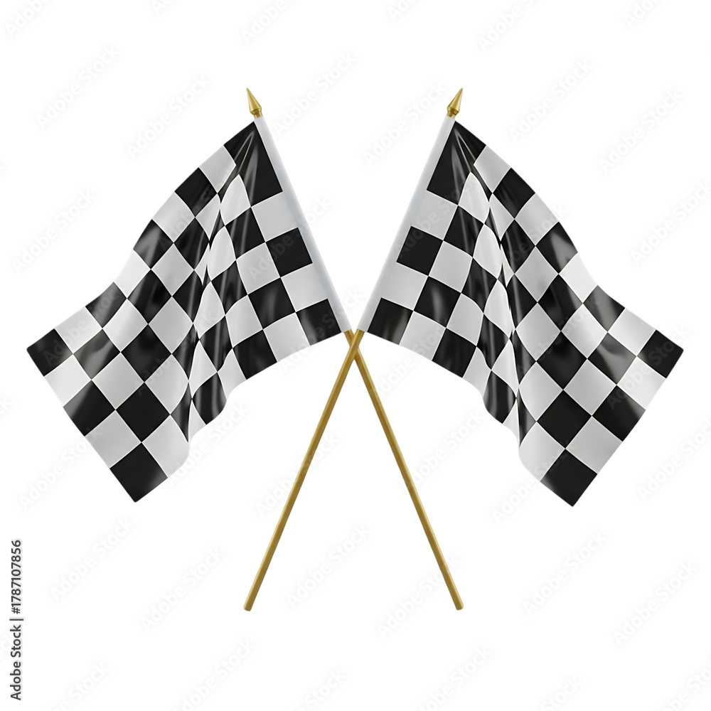 Obraz premium Two checkered racing flags crossed and waving against a stark black background symbolizing victory and the finish line