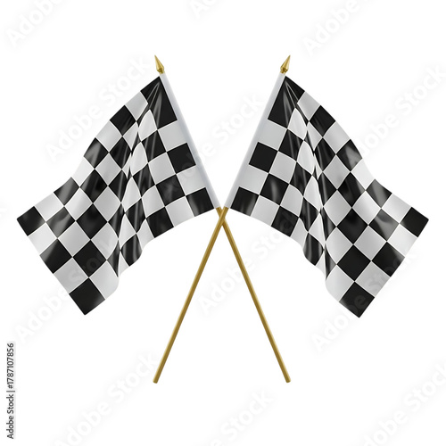 Two checkered racing flags crossed and waving against a stark black background symbolizing victory and the finish line