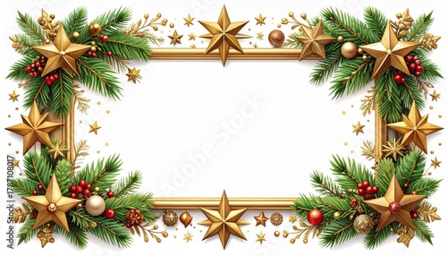Christmas frame border with fir branches, balls, and holiday decorations