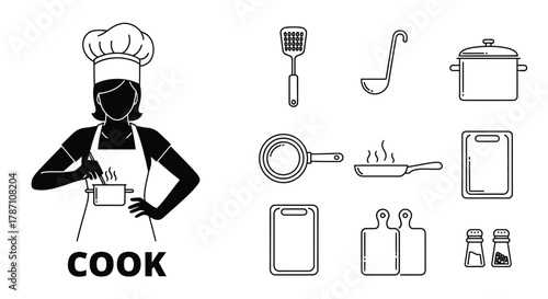 Chef cooking with kitchenware, perfect for culinary design projects
