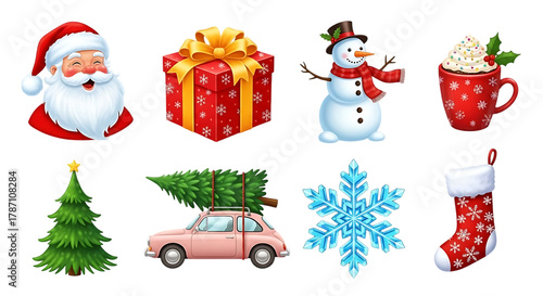 Festive christmas icons featuring santa claus snowman gift box hot chocolate christmas tree car snowflake and stocking on black background