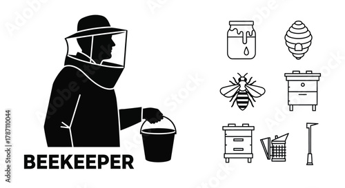 Beekeeper equipment icons showing honey harvesting and bee colonies