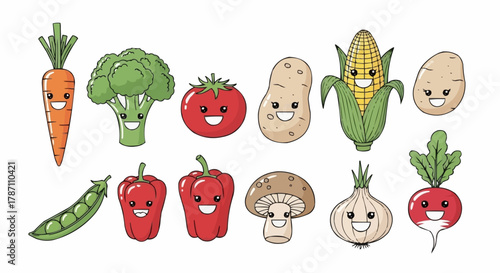 Cartoon Vegetables with Smiling Faces - Carrot, Broccoli, Tomato, Corn, and More.
