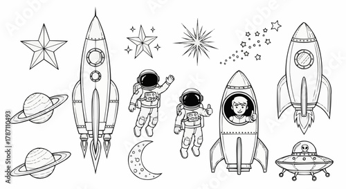 Space exploration themed illustration with rockets astronauts planets and stars.