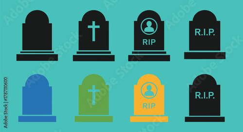 Colorful gravestones icons set for Halloween or funeral designs