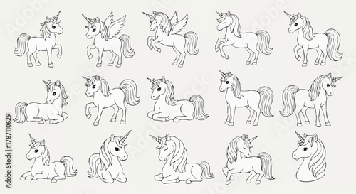 Set of cute hand drawn unicorn line art illustrations.
