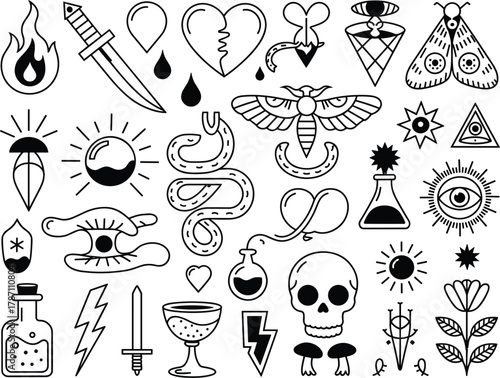 Collection of Esoteric and Occult Symbols and Icons in Outline Style magic