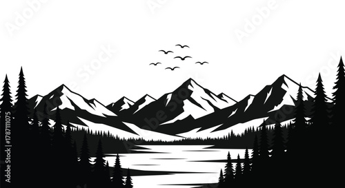 Stunning mountain landscape with birds flying overhead in silhouette