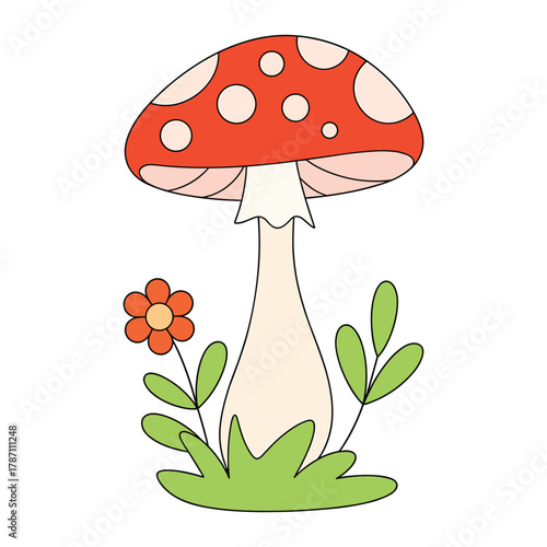 Cute cartoon red mushroom with white spots and green grass fly agaric toadstool