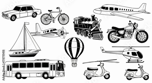 Collection of Various Transportation Vehicles Depicted in Black and White.