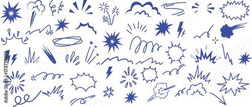 Hand-Drawn Doodle Elements Set  Blue Comic and Manga Style Action Lines, Explosions, and Symbols