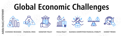 Global Economic Challenges banner web icon vector illustration concept with icon of economic recession, financial crisis, monetary policy, fiscal policy, business competition