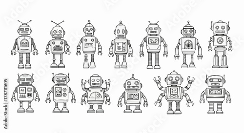 Collection of Hand Drawn Vintage Robot Illustrations.
