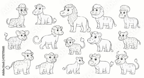 Collection of cute baby animal cartoon line art drawings for coloring.