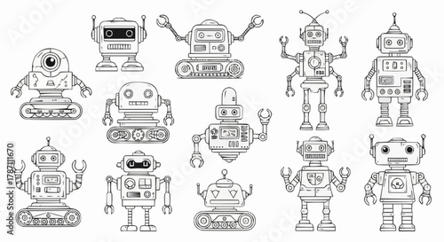 Collection of various robot illustrations in black and white style.