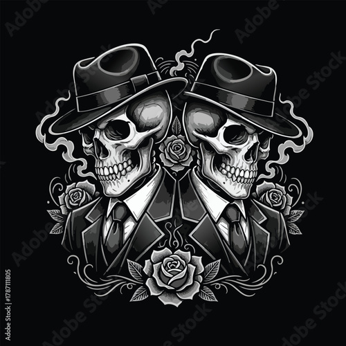 Two dapper skulls in fedoras and suits with roses, a symmetrical vintage gothic design for print
