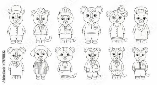 Collection of Adorable Cartoon Mice in Various Outfits Line Art.