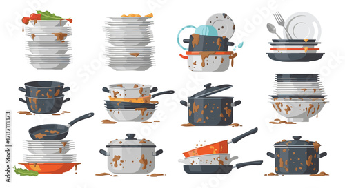 A collection of dirty dishes, pots, and pans piled up and waiting to be washed.
