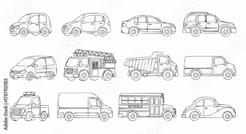 Collection of various vehicle illustrations in a line art style showcasing different car types.