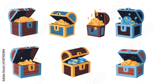 Collection of colorful treasure chests overflowing with gold coins and gems, representing wealth and riches.