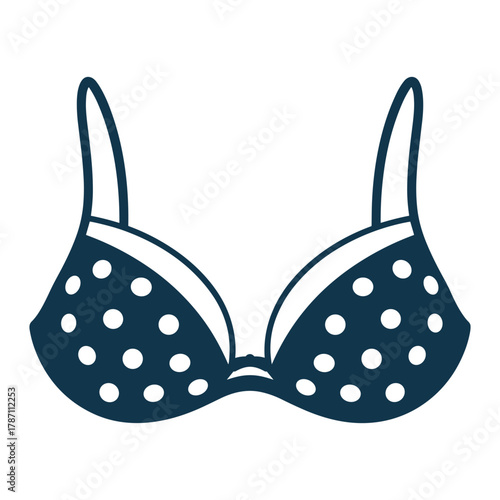 Dark blue polka dot bra with white dots and straps on white background lingerie underwear