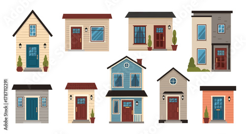 Collection of diverse, colorful houses with modern and traditional designs arranged in two rows.