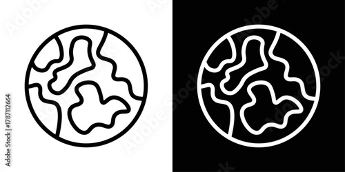 Earth globe icon in black and white stroke on background. Ideal for global concepts, environment, travel, geography, and international communication themes.