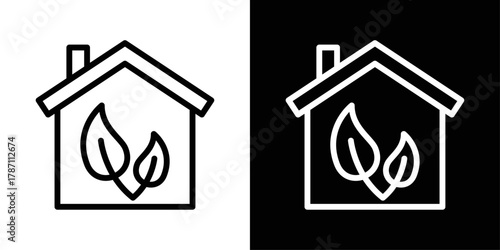 Eco house icon in black and white stroke on background. Perfect for sustainable living, green building, energy-efficient homes, and eco-friendly design concepts.