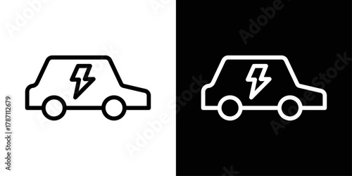 Electric car icon in black and white stroke on background. Ideal for EV charging apps, eco-transportation, sustainable mobility, and clean energy concepts.