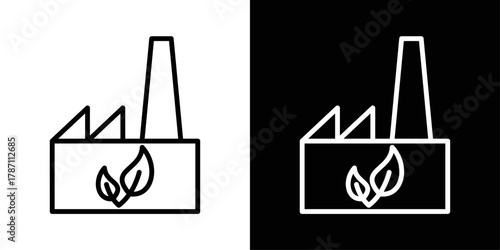 Factory with leaves icon in black and white stroke on background. Perfect for eco-industries, sustainable manufacturing, green energy, and environmental conservation concepts.