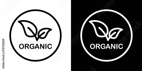 Organic product label icon in black and white stroke on background. Ideal for eco brands, packaging designs, healthy food visuals, and sustainability concepts.