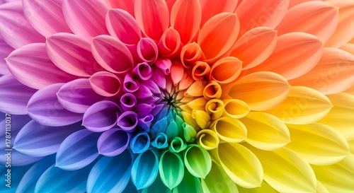 Stunning macro photography of a dahlia bloom, a vibrant swirl of rainbow-colored petals creating a beautiful natural abstract pattern