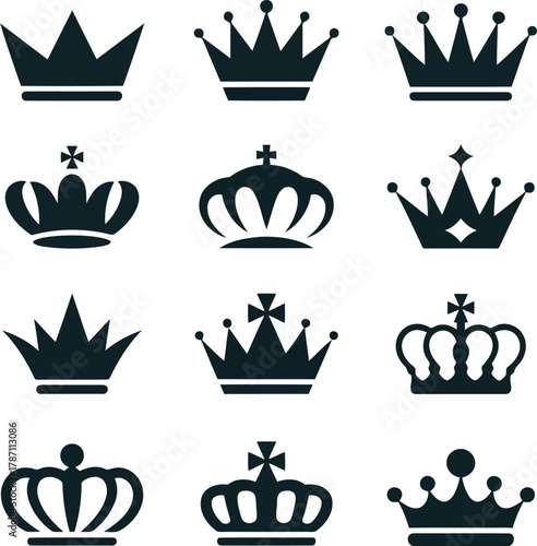  Royal Crown Icons Set – King and Queen Tiaras Silhouette Vector Collection on White