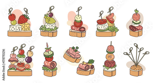 Collection of various appetizers on toast and skewers, perfect for party food illustrations.