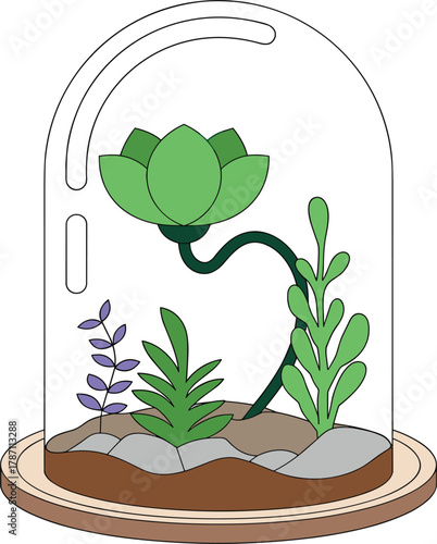 Miniature terrarium with diverse green and purple plants under glass dome botanical