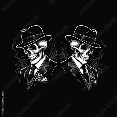 Elegant Skull Gentlemen Illustration Featuring Two Suited Skeletons with Hats and Roses