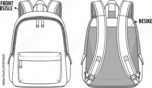 Backpack technical sketch front and back view, modern travel bag blueprint design, detailed illustration for fashion design and product development.