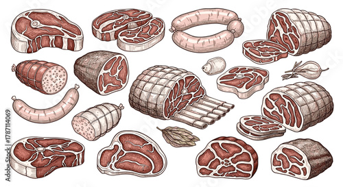 Collection of various raw meats including steaks, roasts, and sausages, depicted in a vintage illustration style.