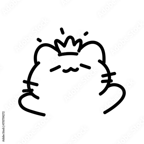 Adorable cartoon cat wearing a crown, expressing contentment and joy with closed eyes and raised paws