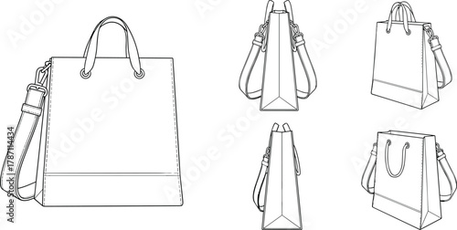 Fashion handbag technical sketch with multiple angles, leather tote bag blueprint design, detailed line art illustration for fashion accessory manufacturing.