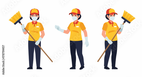 A collection of a female janitor character in three different poses, wearing a uniform, face mask, and holding a broom.