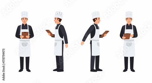 Chef in white apron and hat holding a tablet, various views, standing.