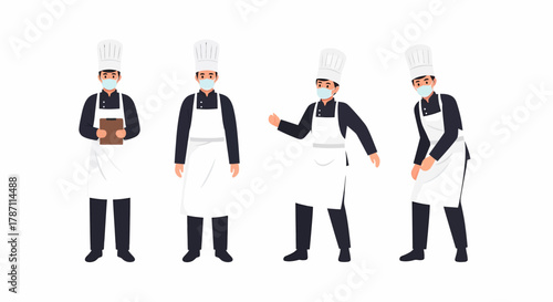 Chefs wearing masks in different poses, full body.