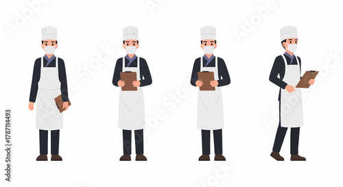 Four chefs wearing white aprons and chef hats, with face masks, holding clipboards and notebooks.