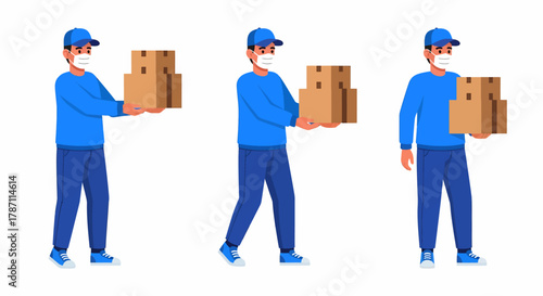 A set of a delivery man in a blue uniform and face mask, shown in three different poses while holding cardboard boxes.