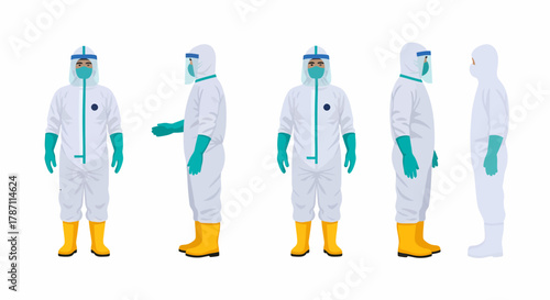 A person in a white hazmat suit with blue accents, face shield, mask, green gloves, and yellow boots, shown from multiple angles.