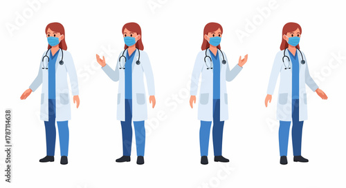 Four illustrations of a female doctor wearing a face mask, white coat, and stethoscope, gesturing with her hands.